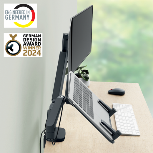 Brazo dual para monitor y portátil Ergo SpaceSaving, gris oscuro