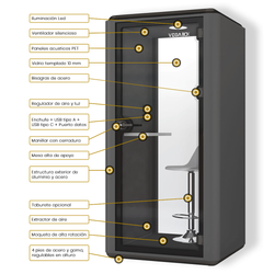 Cabina Box Individual con Mesa Alta - Exterior Metálico Blanco, Sensor de Presencia, Iluminación, Carga USB y Ventilación