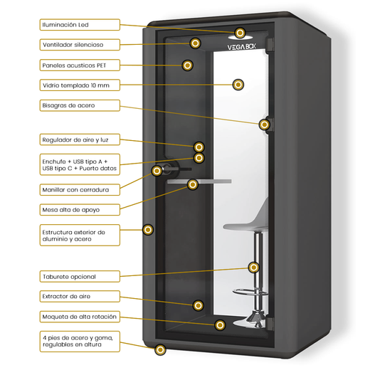 Cabina Box Individual con Mesa Alta - Exterior Metálico Blanco, Sensor de Presencia, Iluminación, Carga USB y Ventilación