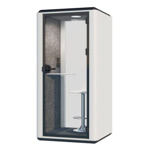 Cabina Box Individual con Mesa Alta - Exterior Metálico Blanco, Sensor de Presencia, Iluminación, Carga USB y Ventilación