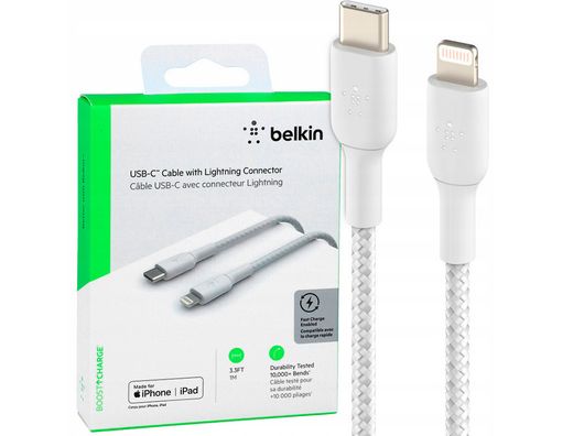 Cable trenzado belkin caa004bt1mwh usb-c a lightning boost charge largo 1 m color blanco