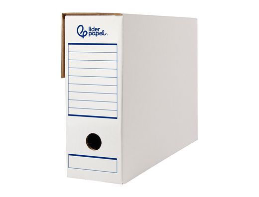Caja archivo definitivo automatica liderpapel folio carton reciclado 325g/m2 lomo 100 mm blanco 360x100x255mm