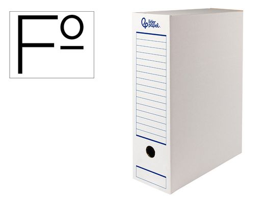 Caja archivo definitivo automatica liderpapel folio carton reciclado 325g/m2 lomo 100 mm blanco 360x100x255mm