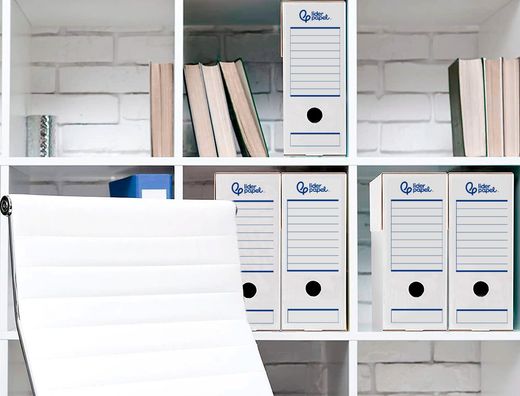 Caja archivo definitivo automatica liderpapel folio carton reciclado 325g/m2 lomo 100 mm blanco 360x100x255mm