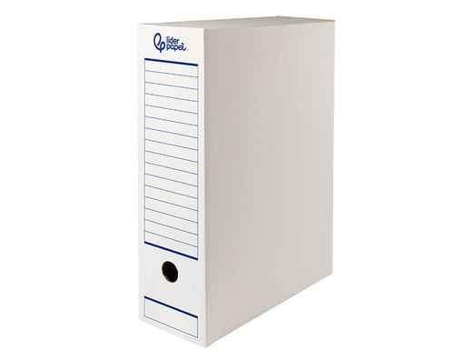 Caja archivo definitivo automatica liderpapel folio carton reciclado 325g/m2 lomo 100 mm blanco 360x100x255mm