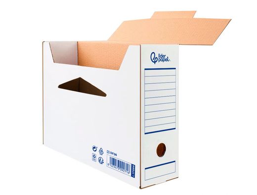 Caja archivo definitivo automatica liderpapel folio carton reciclado 325g/m2 lomo 100 mm blanco 360x100x255mm