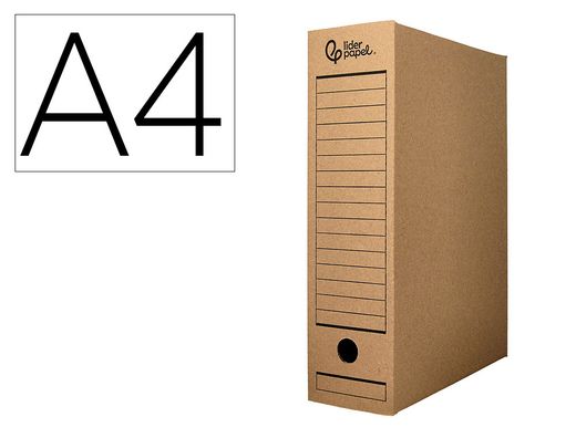 Caja archivo definitivo liderpapel din A4 carton reciclado 325g/m2 lomo 82 mm kraft 325x82x250 mm