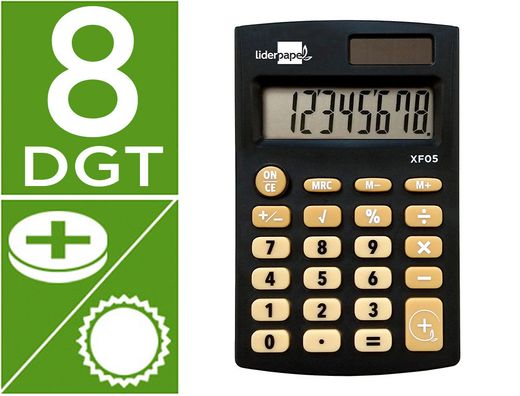 Calculadora liderpapel bolsillo xf05 8 digitos solar y pilas color negro 98x62x8 mm