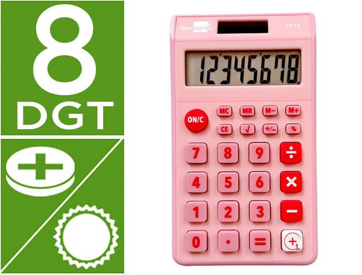 Calculadora liderpapel bolsillo xf12 8 digitos solar y pilas color rosa 115x65x8 mm