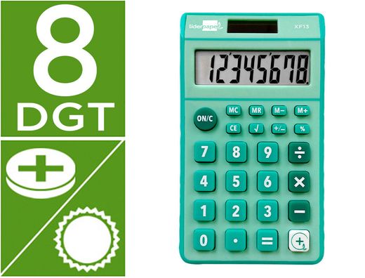 Calculadora liderpapel bolsillo xf13 8 digitos solar y pilas color verde 115x65x8 mm