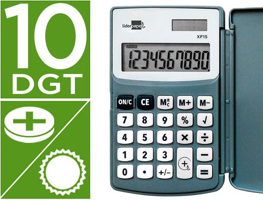 Calculadora liderpapel bolsillo xf15 10 digitos con tapa solar y pilas color gris 123x75x12 mm