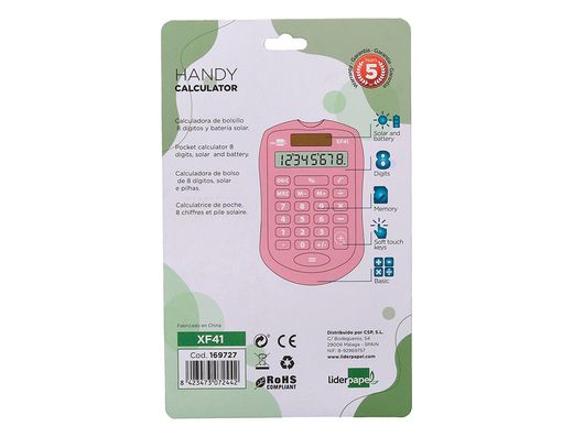 Calculadora liderpapel bolsillo xf41 8 digitos solar y pilas color rosa 94x59,5x10,5mm