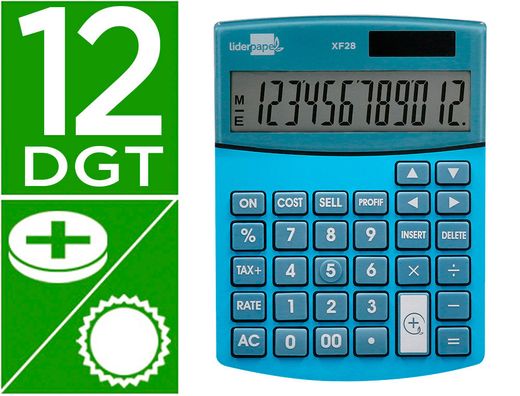 Calculadora liderpapel sobreme sa xf28 12 digitos dos lineas coste venta margen y tasas solar y pilas azul 155x115x25 mm
