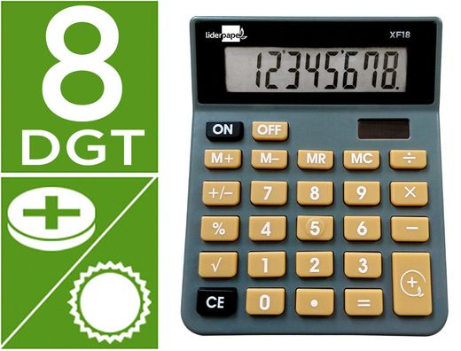 Calculadora liderpapel sobremesa xf18 8 digitos solar y pilas color gris 127x105x24 mm