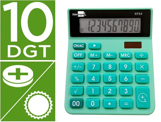 Calculadora liderpapel sobremesa xf24 10 digitos solar y pilas color verde 127x105x24 mm
