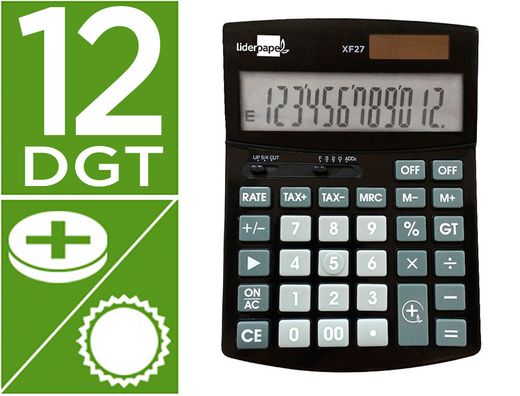 Calculadora liderpapel sobremesa xf27 12 digitos tasas solar y pilas color negro 155x115x25 mm