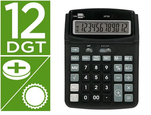Calculadora liderpapel sobremesa xf39 12 digitos solar y pilas color negro 190x140x32 mm 40% reciclado