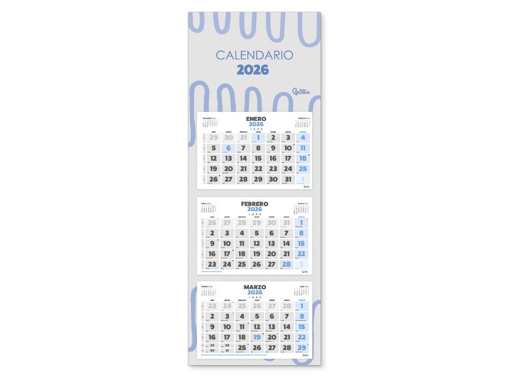 Calendario pared liderpapel 3 meses vistas 2026 plegable 33x70 cm papel 90 gr