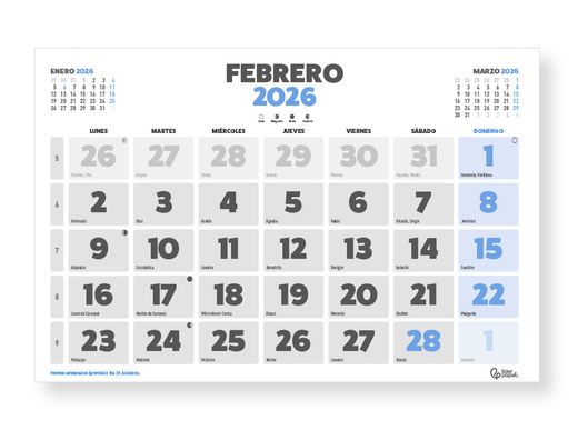 Calendario pared liderpapel clasico 2026 lomo engomado 30x20 cm papel 105 gr