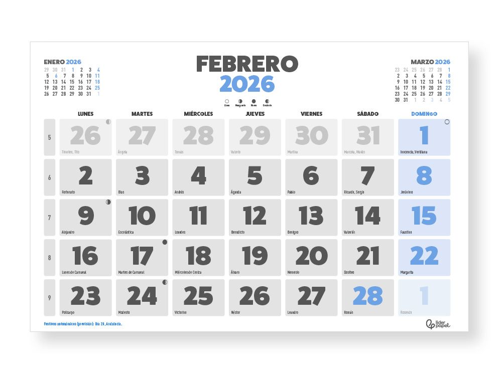 Calendario pared liderpapel clasico 2026 lomo engomado 60x40 cm papel 105 gr