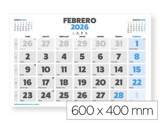 Calendario pared liderpapel clasico 2026 lomo engomado 60x40 cm papel 105 gr