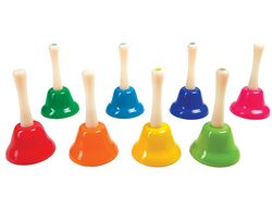 Campanita pequeña amaya de mano con mango tradicional escala diatonica set de 8 unidades colores surtidos