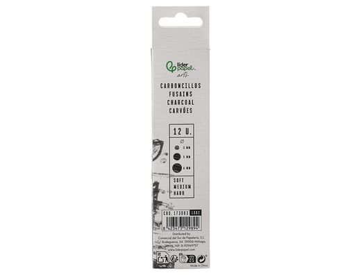 Carboncillo redondo para dibujo liderpapel caja de 12 unidades diametros surtidos