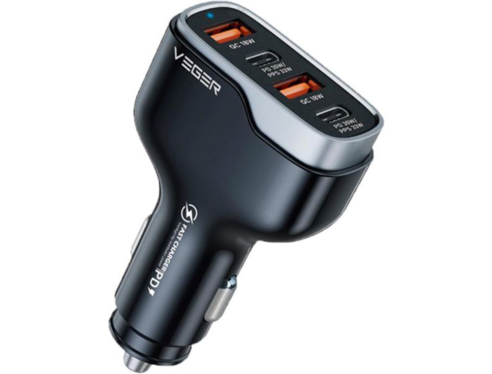 Cargador coche veger 66w 2xusb-c/2xusb-a negro