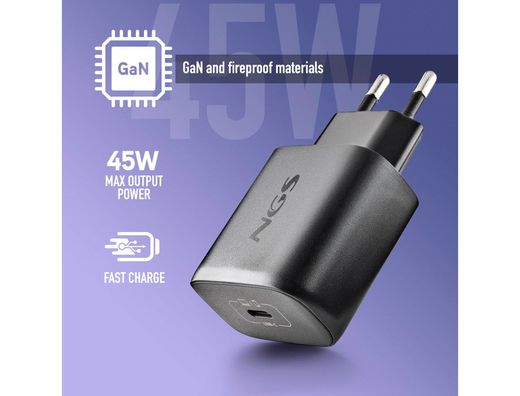 Cargador ngs de pared gan ultrarapido para portatil 45w con 2 puertos: usb-c a usb-a