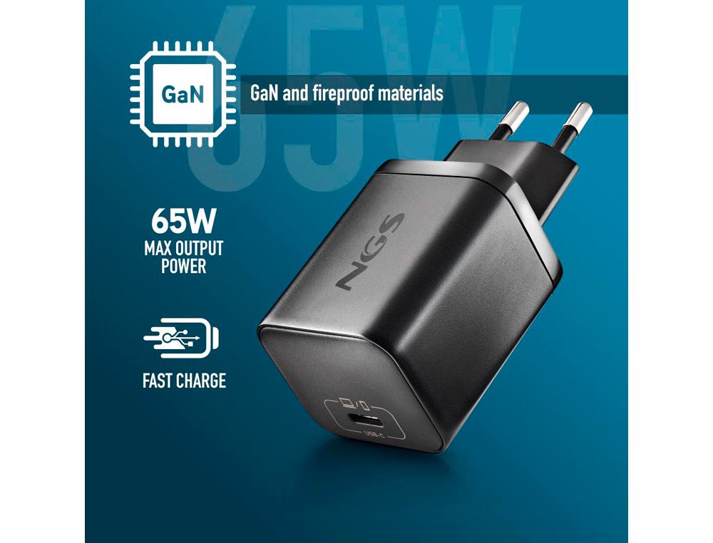 Cargador ngs de pared gan ultrarapido para portatil de 65w con 3 puertos: 2 usb-c y 1 usb-a