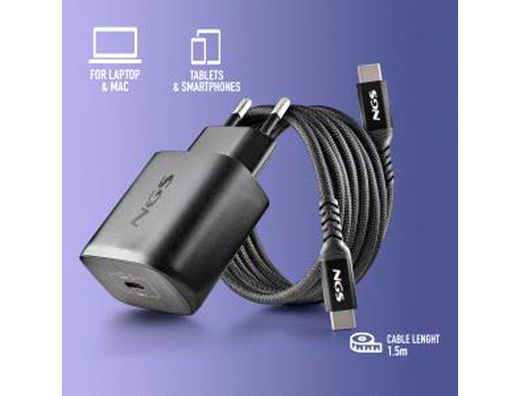 Cargador ngs de pared gan ultrarapido para portatil de 65w con 3 puertos: 2 usb-c y 1 usb-a