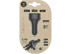 Cargador tech one tech 2.4 coche mechero doble para iphone / usb micro / type-c color negro