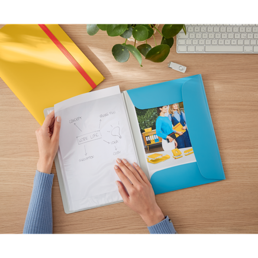 Carpeta 20 fundas Leitz Cosy Plus con 3 solapas y cierre con goma, DIN A4, azul