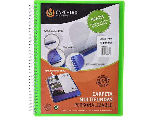 Carpeta carchivo archivex polipropileno canguro escaparate con espiral 40 fundas cierre gomas din a4