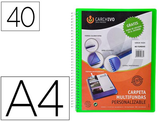 Carpeta carchivo archivex polipropileno canguro escaparate con espiral 40 fundas cierre gomas din a4