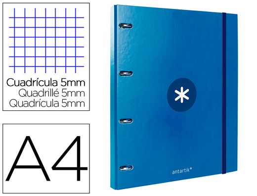 Carpeta con recambio liderpapel antartik a4 cuadro 5mm forrada 4 anillas redondas 25mm color azul
