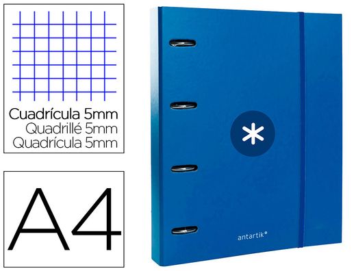 Carpeta con recambio y solapa liderpapel antartik a4 cuadro 5 mm forrada 4 anillas redondas 40mm color azul