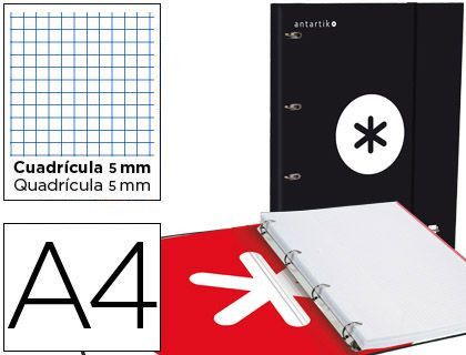 Carpeta con Recambio y Solapa Liderpapel Antartik A4 Cuadro 5 mm Forrada 4 Anillas Redondas 40Mm Color Negra
