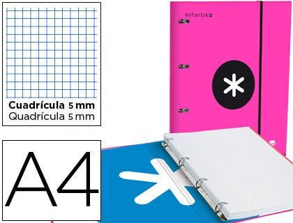 Carpeta con Recambio y Solapa Liderpapel Antartik A4 Cuadro 5 mm Forrada 4 Anillas Redondas 40Mm Color Rosa