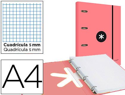 Carpeta con recambio y solapa liderpapel antartik a4 cuadro 5mm forrada 4 anillas redondas 40mm color coral