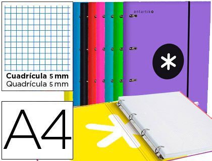 Carpeta con Recambio y Solapa Liderpapel Antartik A4 Cuadro 5Mm Forrada 4 Anillas Redondas 40Mm Colores Surtidos