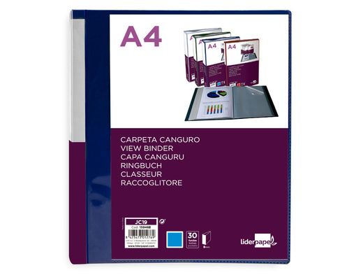 Carpeta liderpapel 30 fundas canguro pp DIN A4 azul translucido portada y lomo personalizable