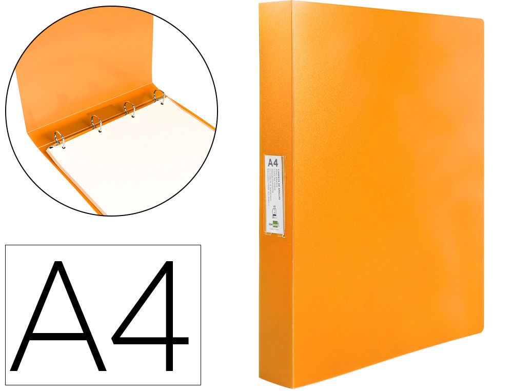 Carpeta liderpapel 4 anillas 25 mm mixtas polipropileno din a4 naranja fluor opaco