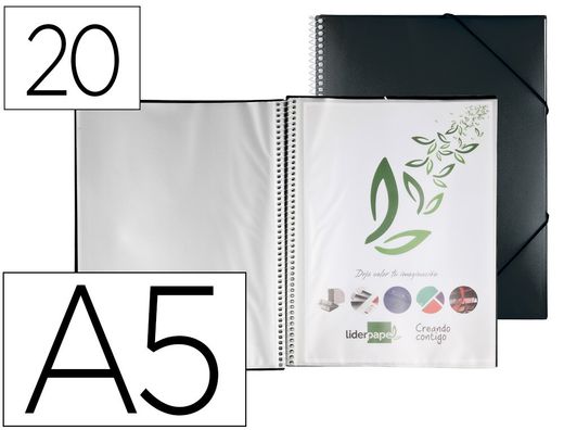 Carpeta liderpapel escaparate con espiral 20 fundas polipropileno din a5 negro opaco