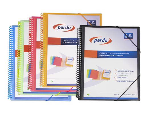 Carpeta pardo escaparate con espiral 20 fundas polipropileno con gomas personalizable color azul