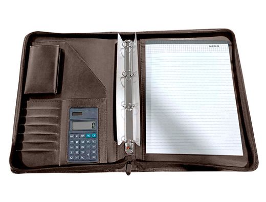 Carpeta Portafolios 45-848 Marron 260X355 mm Cremallera 4 Anillas 20 mm Calculadora con Bolsa para Movil