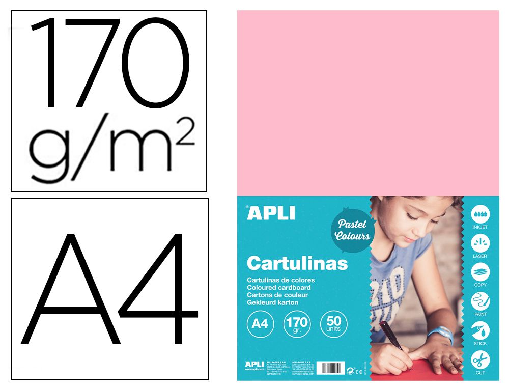 Cartulina apli din A4 170g/m2 rosa paquete de 50 hojas