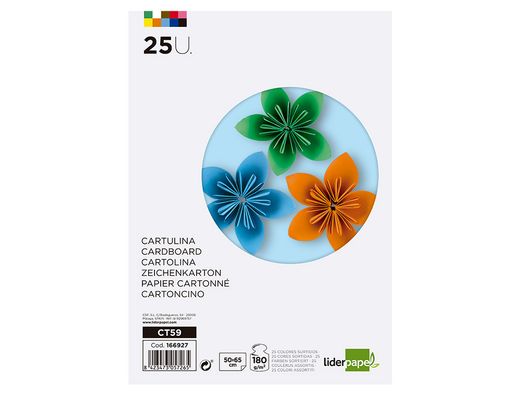 Cartulina liderpapel 50x65 cm 180g/m2 25 colores surtidos paquete de 25 hojas