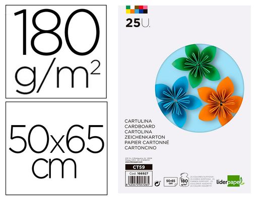 Cartulina liderpapel 50x65 cm 180g/m2 25 colores surtidos paquete de 25 hojas