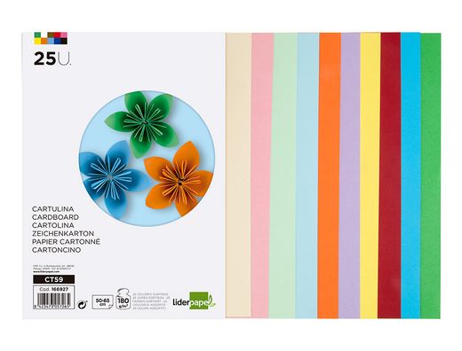Cartulina liderpapel 50x65 cm 180g/m2 25 colores surtidos paquete de 25 hojas